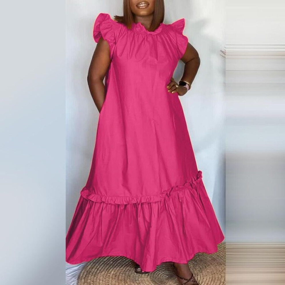 (rose, S) VONDA Women&apos;s Large Size Stand Collar Flying Sleeve Ruffle Solid Colour Loose Dress