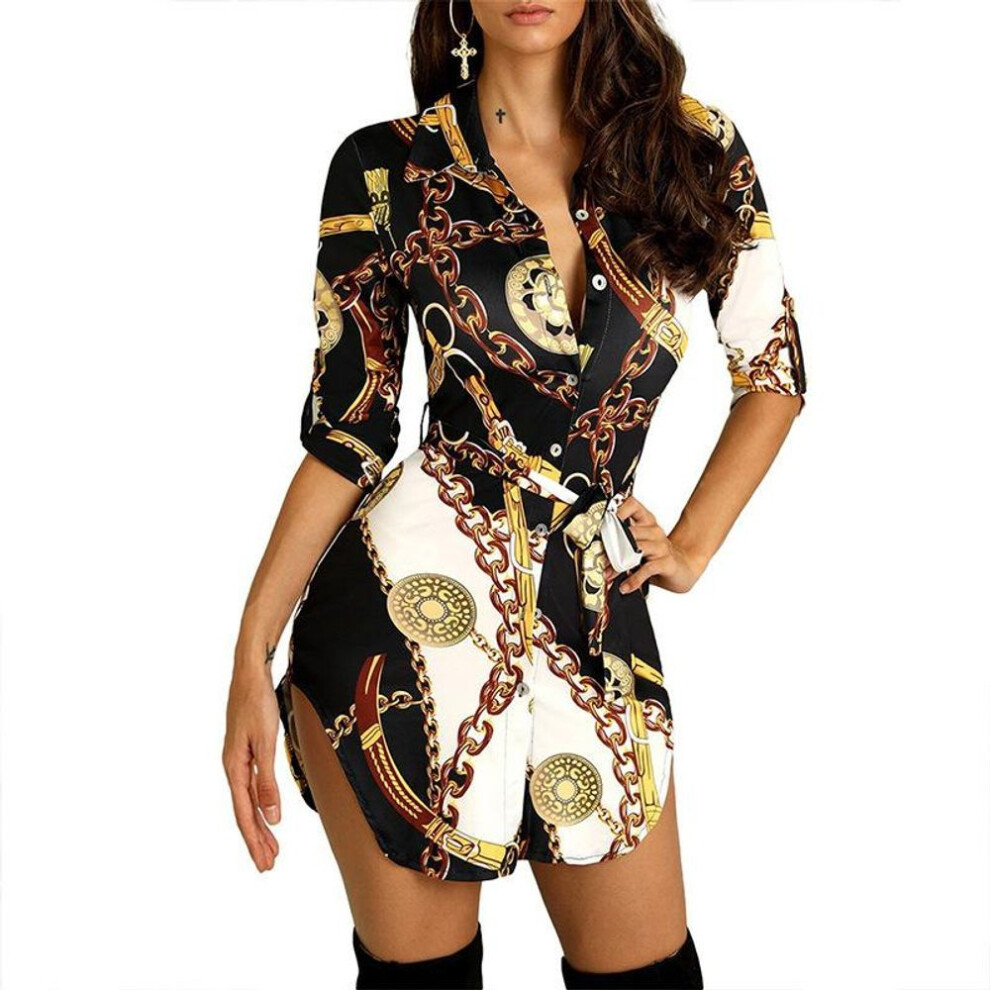 (black, XXL) Fashion Women Short Sleeve Lapel Button Silk Bohemian Printed Irregular Hem Blouse Dress