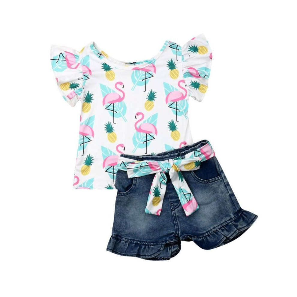 (white, 5-6 Years) Baby Toddler Girls Floral Short Sleeve Tops T-shirt Vest & Denim Shorts Set Kids 1t 2t 3t 4t 5t 6t Clothes Summer Outfits