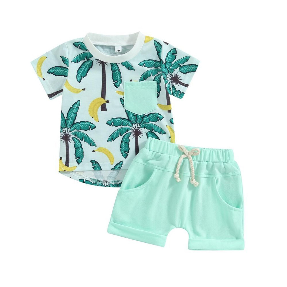 (green, 18-24 Months) Infant Boy Summer Clothes Suits Beach Style Tree Print Short Sleeve Crew Neck T-shirts And Elastic Waist Shorts 2pcs Set