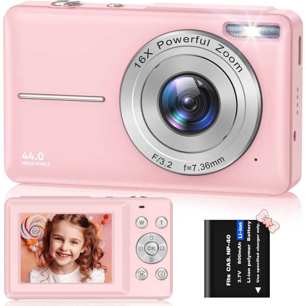 (Pink) Digital Camera, FHD 1080P 44MP Digital Cameras Compact, 2.4"" LCD Rechargeable Digital Cameras, Vlogging Camera with 16X Digital Zoom for Kids-image-OPC-PG7W9ZS-NEW