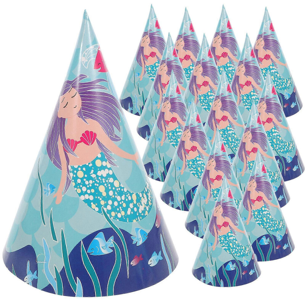 Kricely (As Show, One Size) 16Pcs Mermaid Theme Printing Hat Birthday Paper Cone Party Hat Birthday Party Supplies