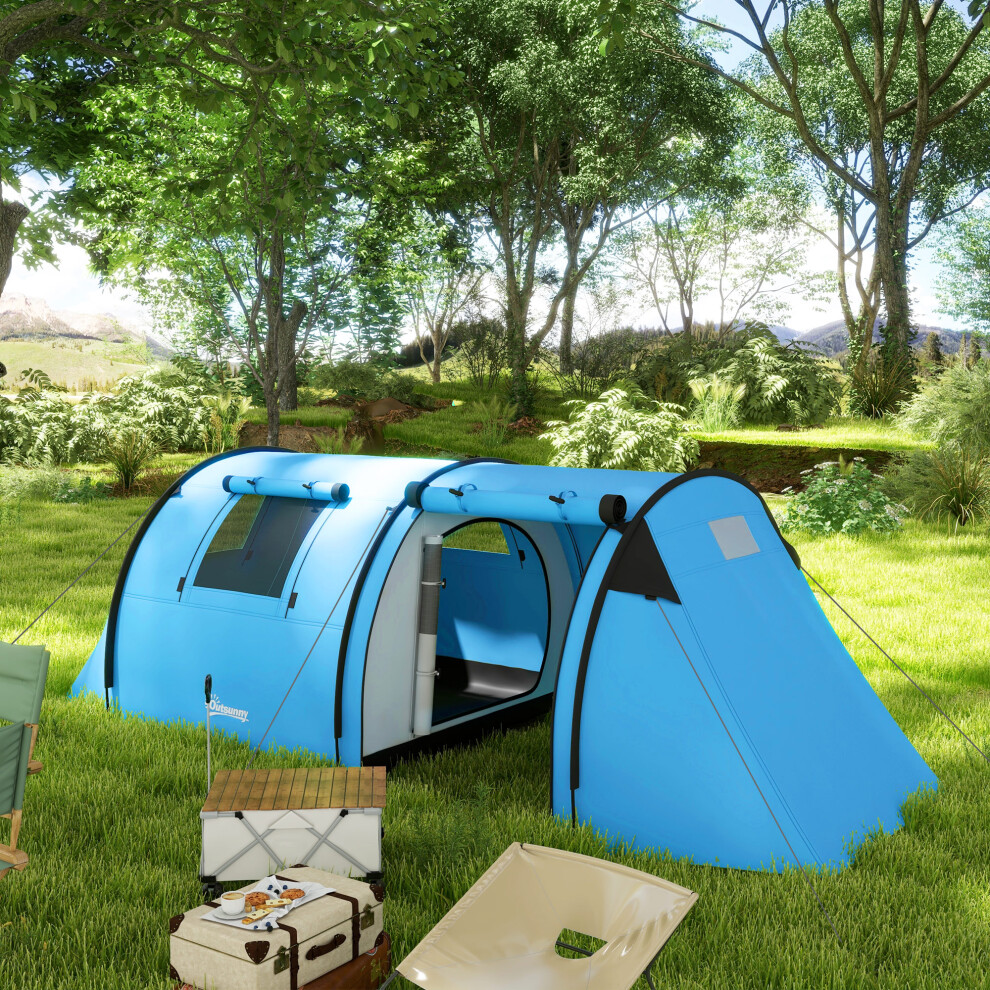 Outsunny 2 Room Camping Family Tent For 3-4 Man, 3000Mm Waterproof, Sky Blue
