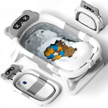(grey, One size) Foldable Baby Bath Tub with Soft Cushion - Portable Collapsible Bathtub for Newborns 0-24 Months, Infant Toddler Travel Bath