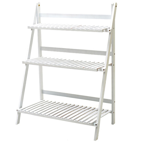 (White) Wooden Plant Stand Foldable Shelf 3 Tier