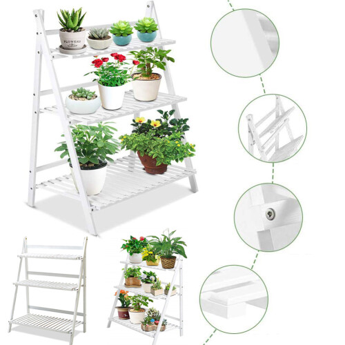 (White) Wooden Plant Stand Foldable Shelf 3 Tier 2