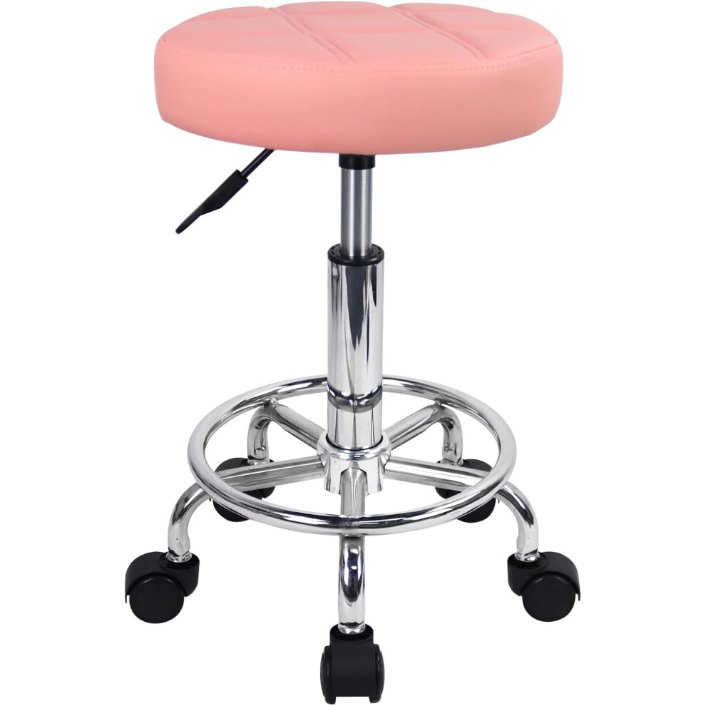 (Pink) Round Rolling Stool Chair PU Leather Height Adjustable Swivel Drafting Work SPA Shop Salon Stools with Wheels Office Chair Small (Pink)