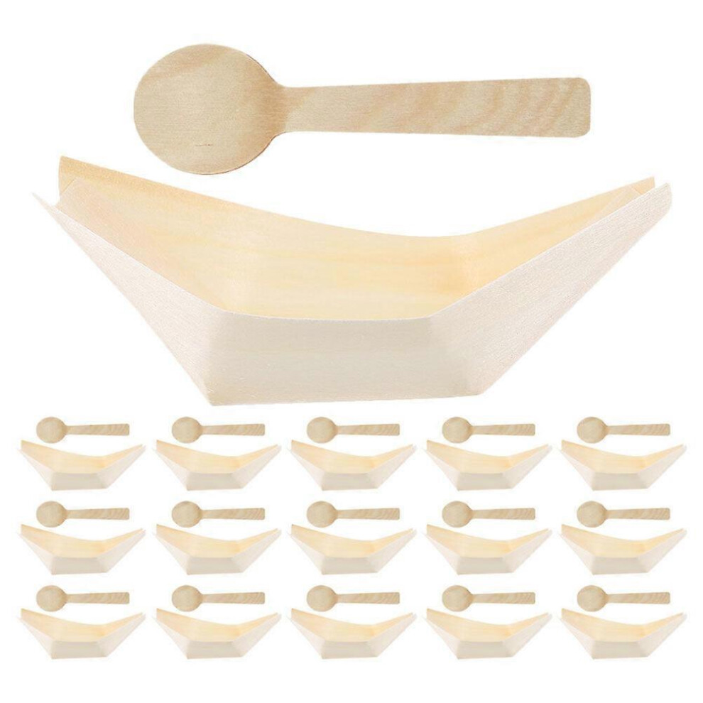 Kricely (As Show, One Size) 1 Set Disposable Wood Boat Plates Dishes Sushi Boat Serving Tray Food Container With Spoon