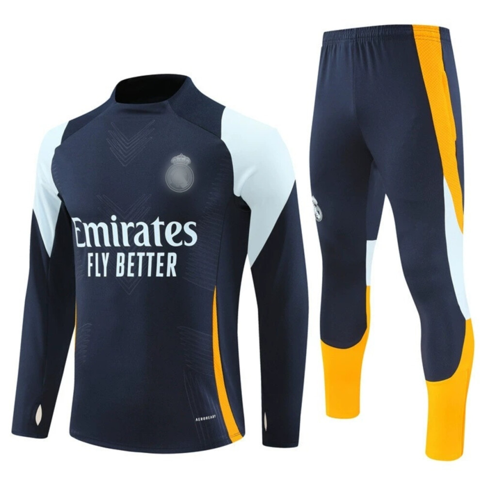 (Royal Blue, 16#(145-157cm)) 2425 Madrid Activewear Football Fans Training Suit Long Sleeve & Pants Set for Adults & Kids