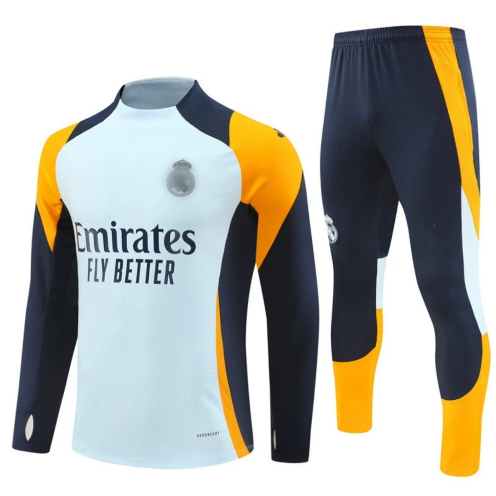 (Light Blue, 12#(125-137cm)) 2425 Madrid Activewear Football Fans Training Suit Long Sleeve & Pants Set for Adults & Kids
