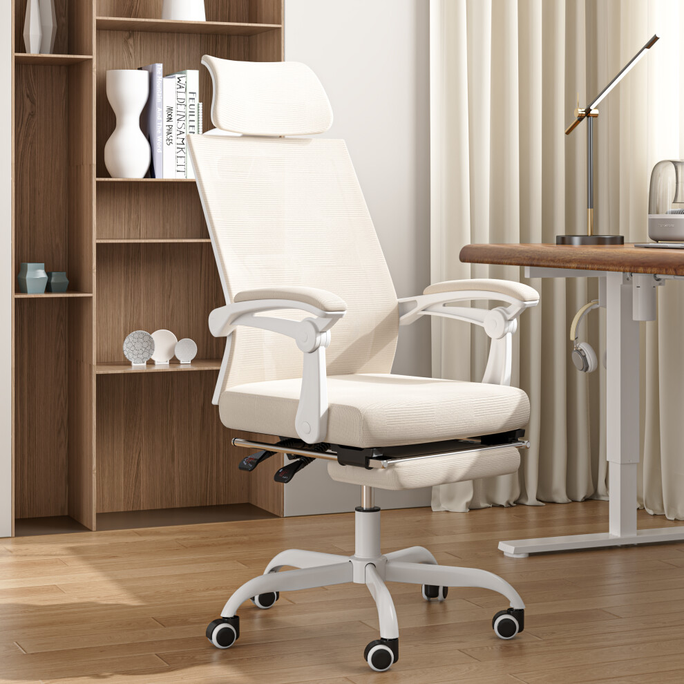 (Beige) UEV Ergonomic Office Chair with Footrest