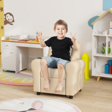 HOMCOM Kids Recliner Chair with Cup Holder - PU Leather Beige Child Lounger, 150 Recline, Raised Footrest, Wood Frame (310-084V70BG)
