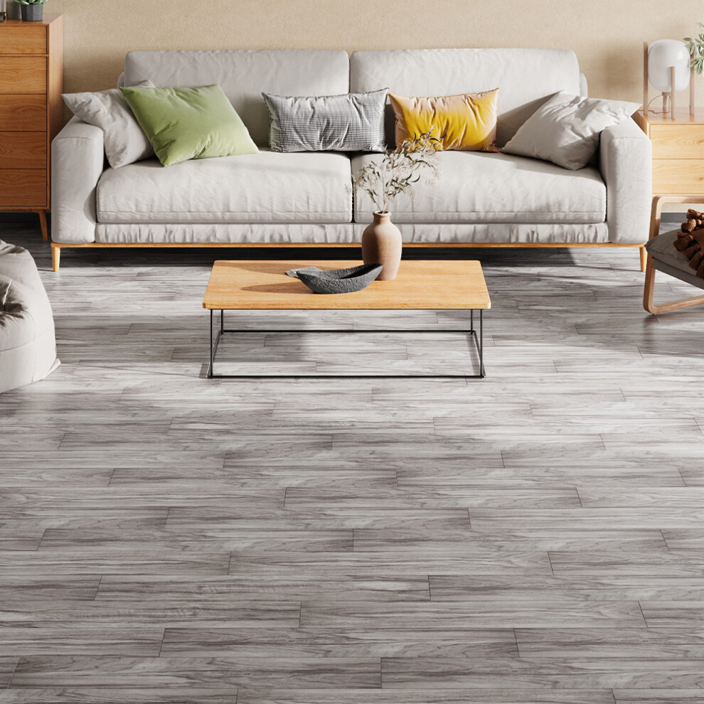 Pack of 36 Gray Wood Grain Sticky Vinyl Flooring