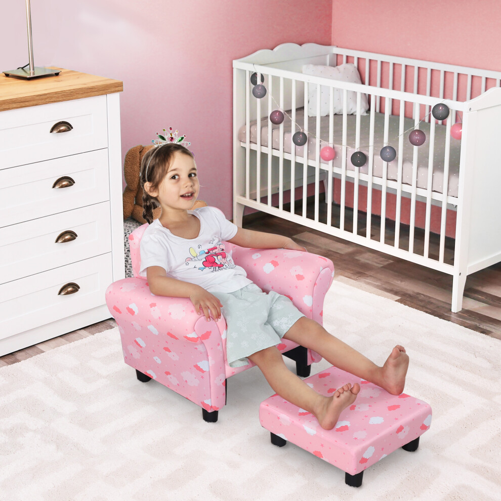 Homcom Pink Cute Cloud Star Child Armchair Seat Wood Frame W/ Footrest Padding - Image 2