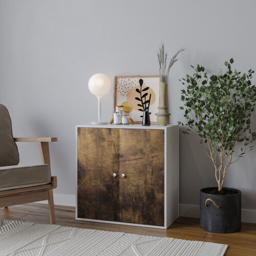 URBN Living (White, Rustic Brown Door) 2-Tier Wooden Storage Cupboard 2