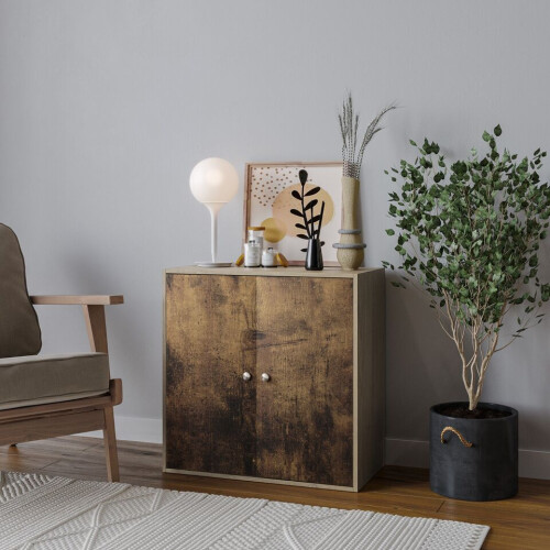 URBN Living (Rustic Brown, With Oak Door) 2-Tier Wooden Storage Cupboard 2