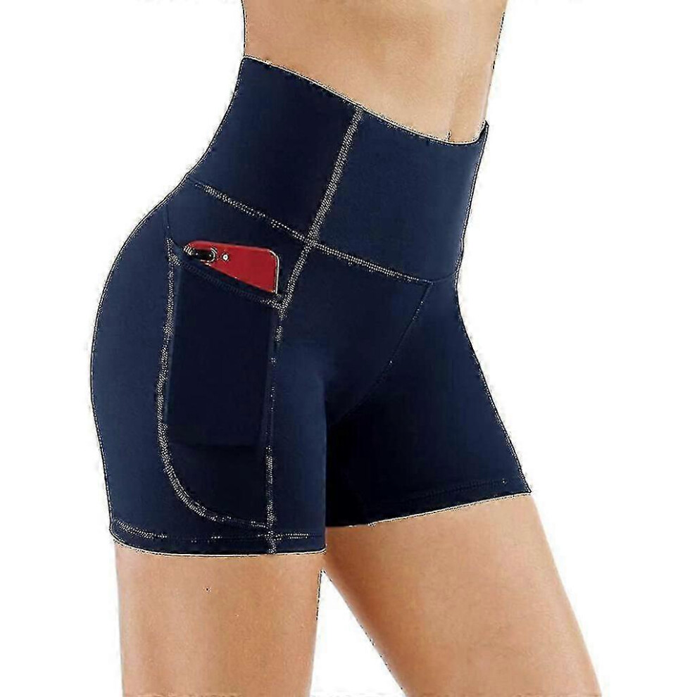 (XL, blue) Women's Cycling Shorts Sports Shorts With Pockets Leggings Short High Waist Opaque Gym Shorts Push Up Hot Pants Summer For Yoga Running