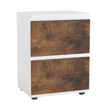 (White Carcass + Rustic Brown Drawers) 2 Drawer Wooden Bedside Cabinet No Handle Drawer Storage