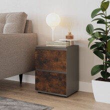(Grey Carcass + Rustic Brown Drawers) 2 Drawer Wooden Bedside Cabinet No Handle Drawer Storage
