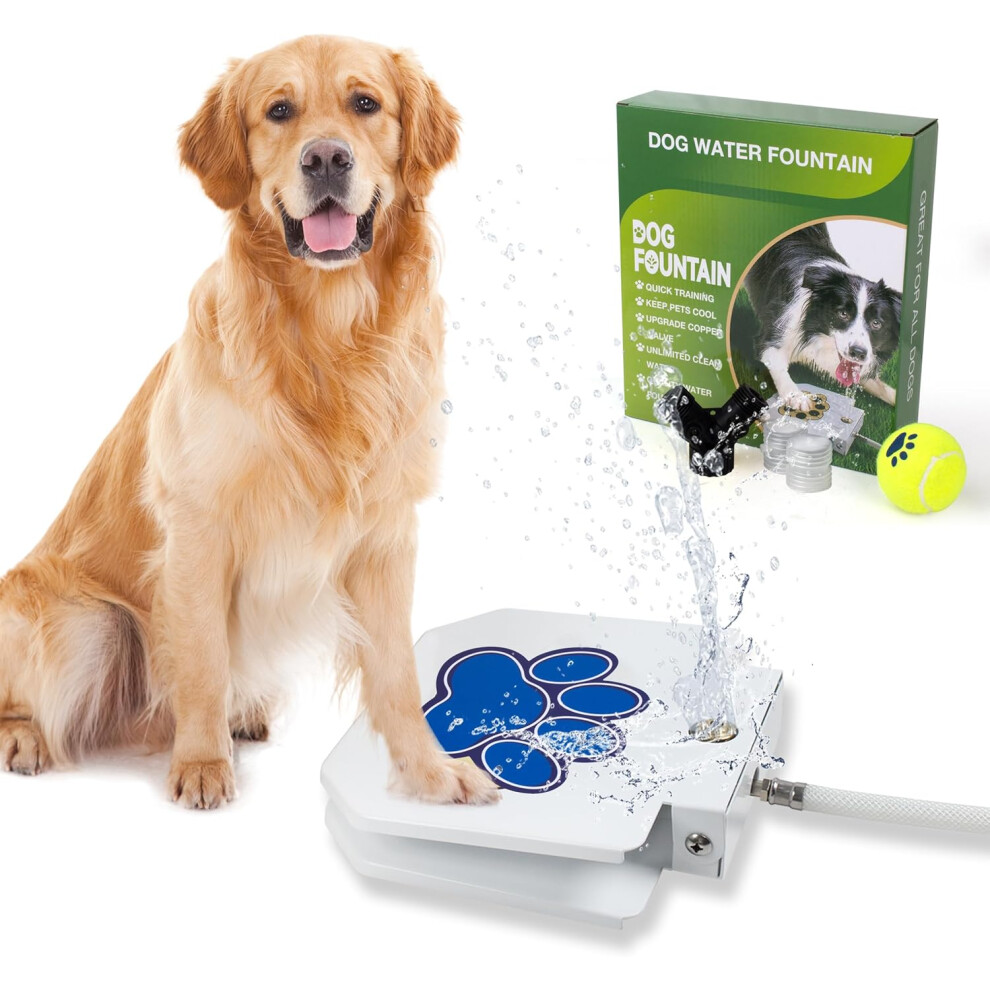 (White Blue) Outdoor Dog Drinking Fountain Toy, Solid Coated Metal PET Water Sprinkler - Upgraded Copper Valve with Pressure Regulation