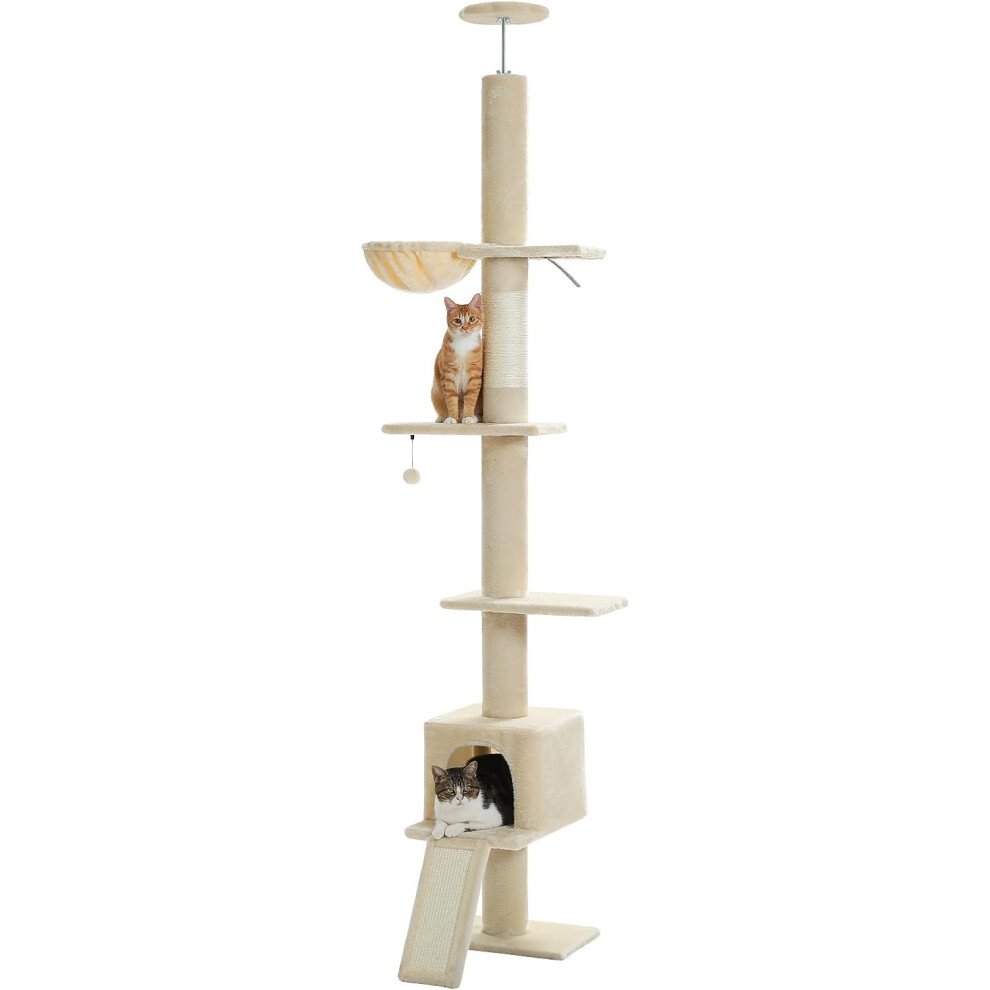 (Beige) Cat tree floor-standing height adjustable 216 cm to 273 cm, cat tower large movement space, hammock and cat bed, anti-fall strap