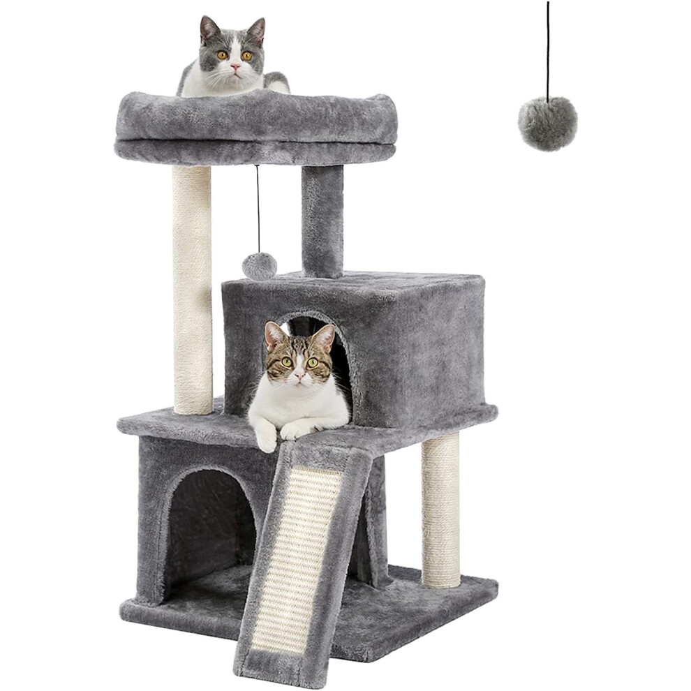 Cat Tree 86cm Cat Tower with Double Condos, Removable Spacious Perch, Fully Wrapped Scratching Sisal Posts, Replaceable Dangling Balls, 35 Inches Grey