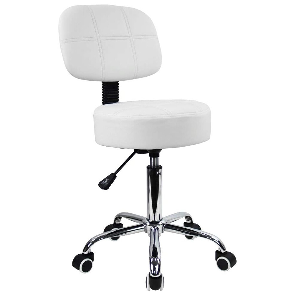 (White) Round Rolling Stool with Back PU Leather Height Adjustable Swivel Drafting Work SPA Salon Stools Chair with Wheels (White)