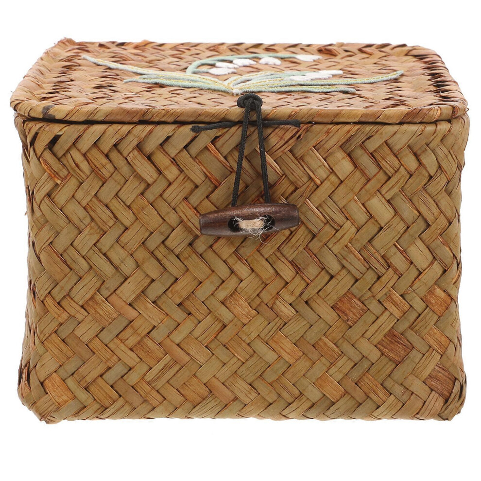 Kricely (As Show, One Size) Woven Sundries Basket Make-Up Storage Basket With Lid Household Storage Basket