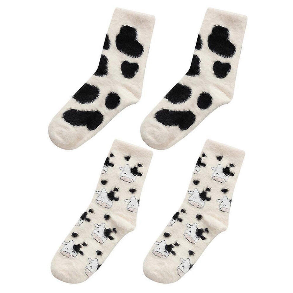 Kricely (As Show, One Size) 2 Pairs Slippers Indoor Winter Socks Fuzzy Socks Women Cute Cow Socks Fluffy Socks