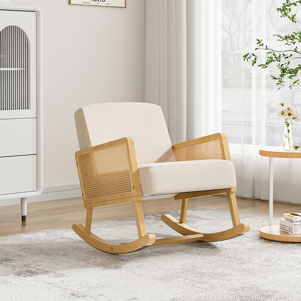 (Beige) Linen Wooden Rocking Chair
