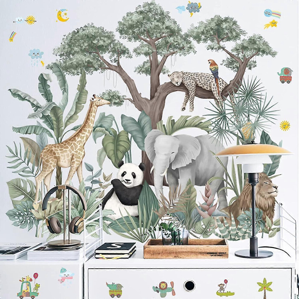 Exsader (As Show, One Size) Cartoon Jungle Animals Wall Stickers, Elephant Giraffe Panda Leopard Green Plants Animal Kids Wallpaper Decals, Removable Diy Zoo