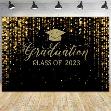 (As show, One size) Msocio 7x5ft Durable Polyester Fabric Black Congrats Graduation Backdrop Class Of 2023 Photography Background Gold Bachelor Cap Celebration Party Deco