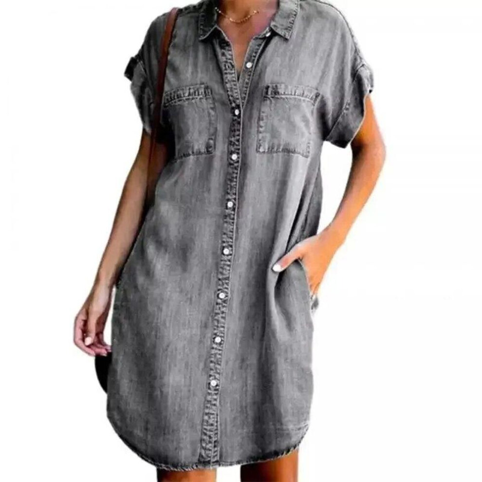 (grey, S) Arrival Summer Women Denim Dress Short Sleeves Loose A-word Dresses S V-neck Solid Denim Dresses Shirt Dress 17139