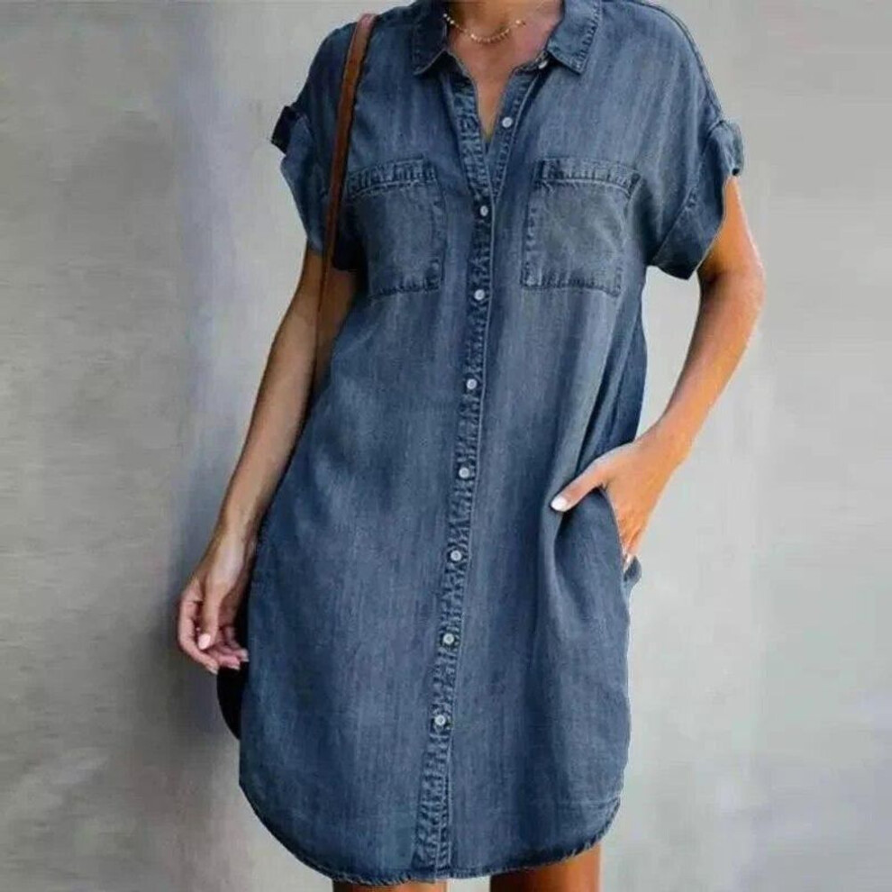(wow, XXXL) Arrival Summer Women Denim Dress Short Sleeves Loose A-Word Dresses S V-neck Solid Denim Dresses Shirt Dress 17139