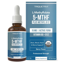 L Methyl Folate 15mg + B12 Cofactor – Organic, Berry Flavor, Professional Strength, Liquid Active 5-MTHF Form, Supports Mood, Methylation