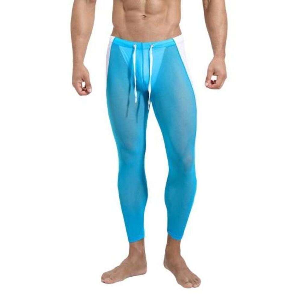 (sky blue, L) Sport Mesh Pants Ultra-thin Soft Breathable Elastic See-through Drawstring Waist Solid Color Skinny Training Sports Cycling Sweatpants Long