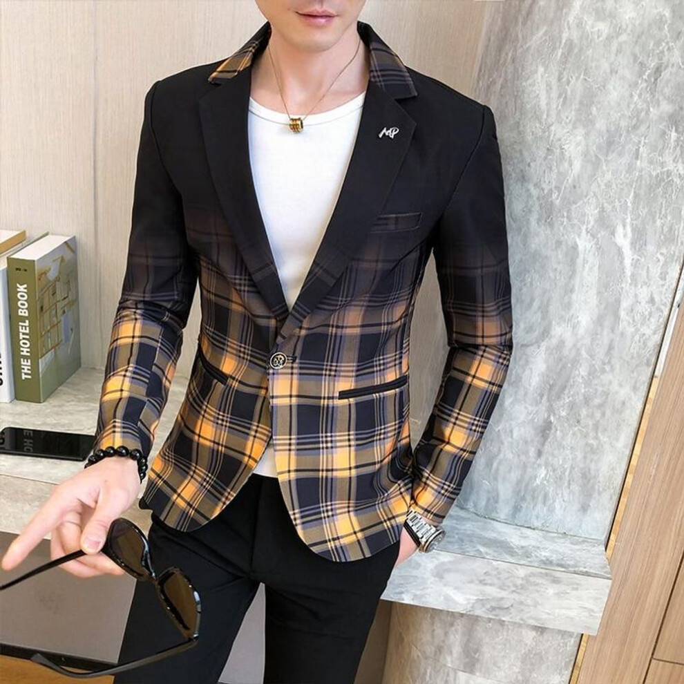 (yellow, XL) Men Blazer Colorblock Plaid Blazer Men Slim Casual Man Blazers Wedding Business Party Clothing Dress Men Coats