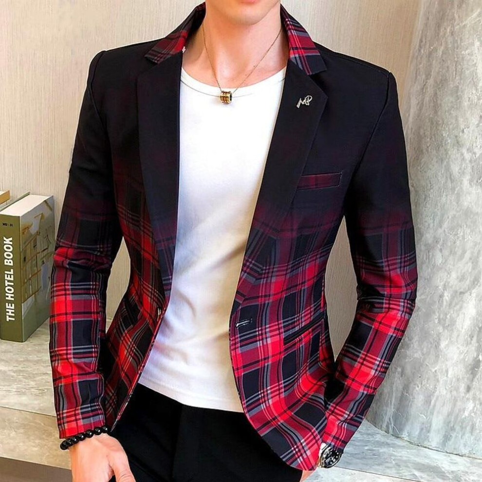 (red, M) Men Blazer Colorblock Plaid Blazer Men Slim Casual Man Blazers Wedding Business Party Clothing Dress Men Coats