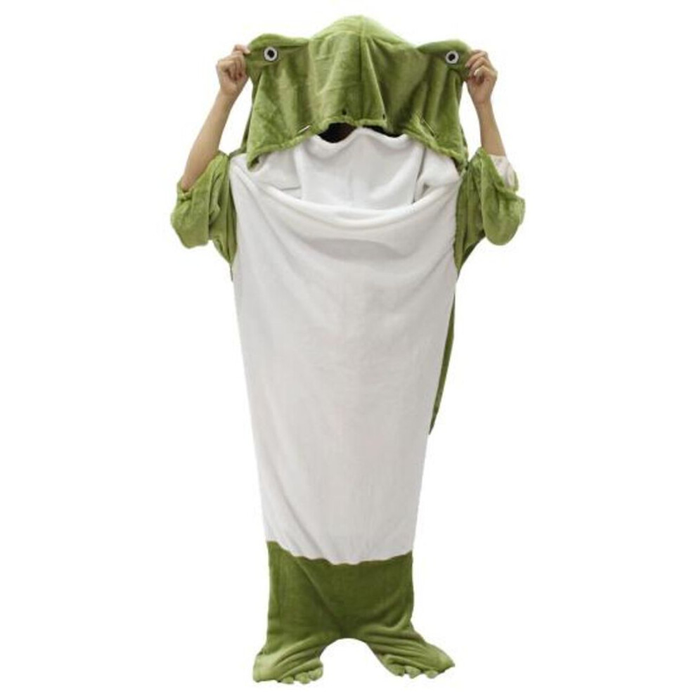 (green, M) Sleeping Bag Cartoon Fried Frog Shape Contrast Color Thickened Flannel Loose Wearable Hooded Super Soft Full Protection Warm Throw Blanket Travel