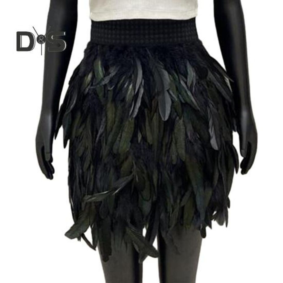 (black, XL) Festival Faux Feather Skirt Punk Gothic Style Hand Stitched Design Stage Performance Punk Gothic Mini Short Skirt