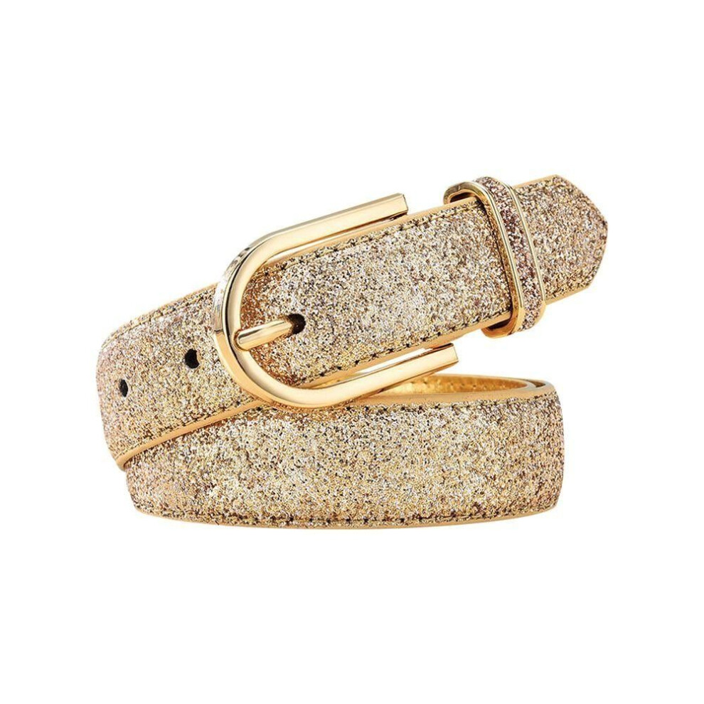 (gold, 95cm) Retro Casual Glitter Leather Belt Gold Silver Waist Strap Pin Buckle Waistband Trouser Dress Belts