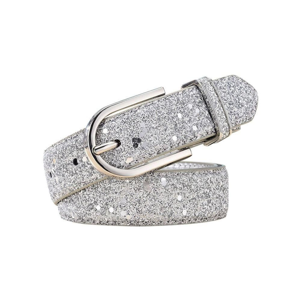 (silver, 115cm) Retro Casual Glitter Leather Belt Gold Silver Waist Strap Pin Buckle Waistband Trouser Dress Belts
