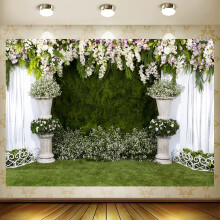 (As show, One size) Vinyl 10x8ft Arch Wedding Floral Backdrop Photography Backdrop Stone Flower Pot White Curtain Green Ivy Wall Decor Outdoor Ceremony Grass Backdrop