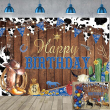 (As show, One size) Western Cowboy Background Rustic Wooden Cowboy Happy Birthday Photography Background Black White Cow Print Blue Banner Photo Background 7X5 Feet
