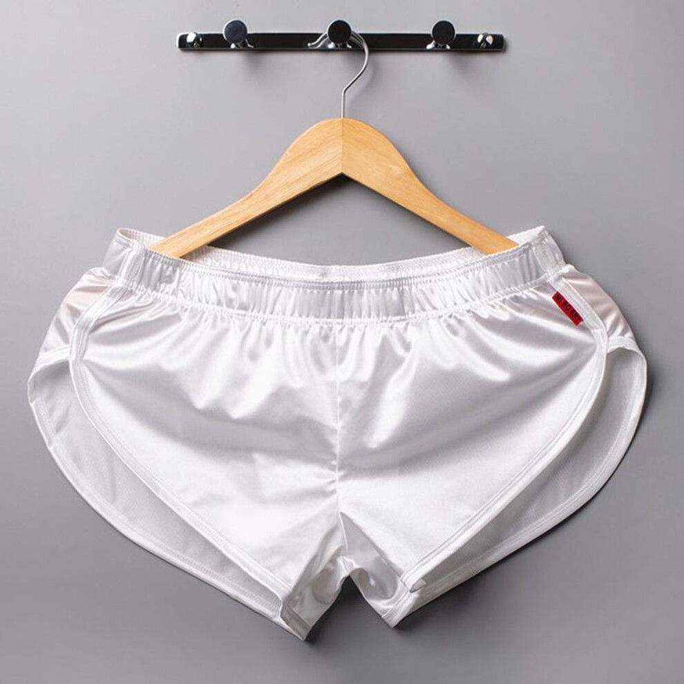 (white, 2X) Men Sexy Satin Pajamas Silk Sleepwear Boxer Trunks Boxer Briefs Sleep Bottoms Solid Color