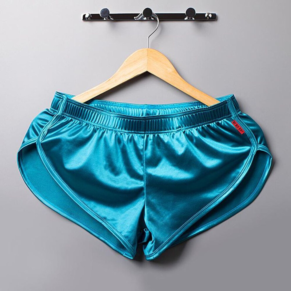 (blue, 2X) Men Sexy Satin Pajamas Silk Sleepwear Boxer Trunks Boxer Briefs Sleep Bottoms Solid Color