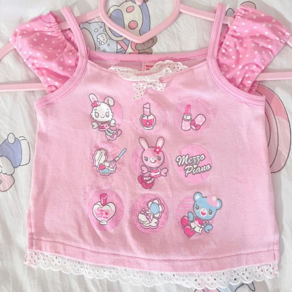 (pink, L) Sweet Japanese Cartoon Print Lolita T-shirt Women Y2k Aesthetic Ruffles Bow Crop Tops Girls Harajuku Grunge Kawaii Tees Summer