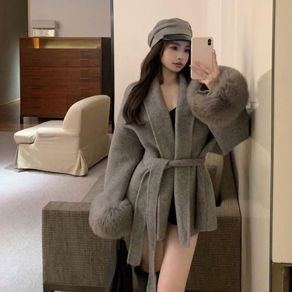 (grey, L) 2023 New High End Double-sided Wool Strapping Coat Women Removable Cuffs Fox Fur Temperament Double-sided Cashmere Short Jacket