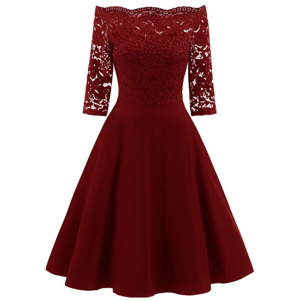(burgundy, S) Women Vintage Swing Dress Floral Lace Bodice Off Shoulder Bardot Sheer 3/4 Sleeve Fit and Flare Cocktail Evening Party Going Out Wear Occasion Outfits