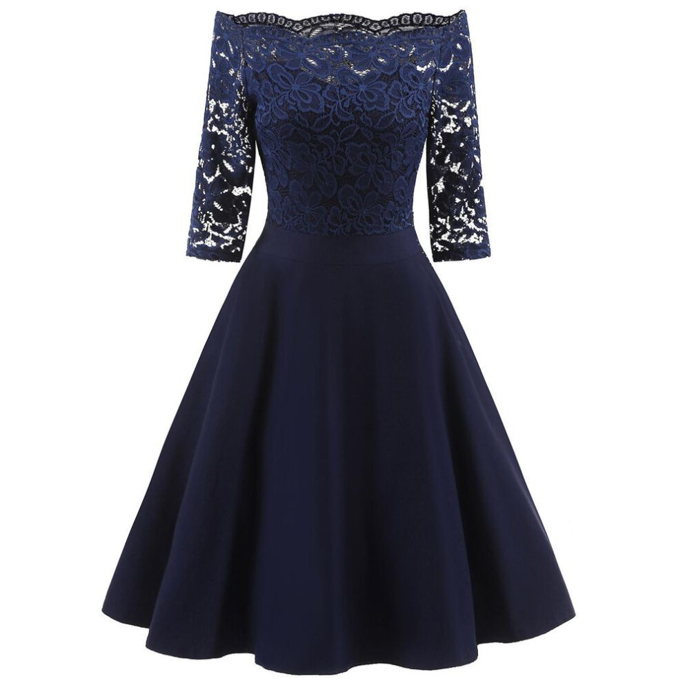 (navy blue, XXL) Women Vintage Swing Dress Floral Lace Bodice Off Shoulder Bardot Sheer 3/4 Sleeve Fit and Flare Cocktail Evening Party Going Out Wear Occasion Outfits
